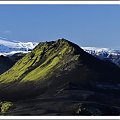 Panoramic view toward Myrdalsjokull glacier from the top of mountain near Hvanngil hut.