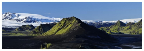 Panoramic view toward Myrdalsjokull glacier from the top of mountain near Hvanngil hut.